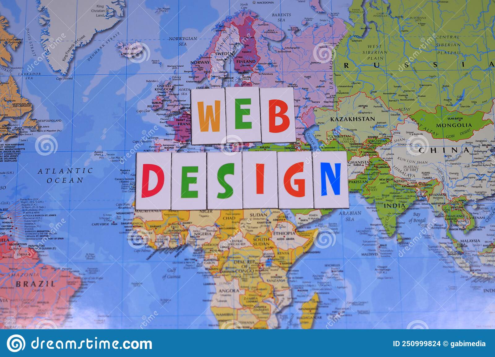 Colored letters on the map, web design 