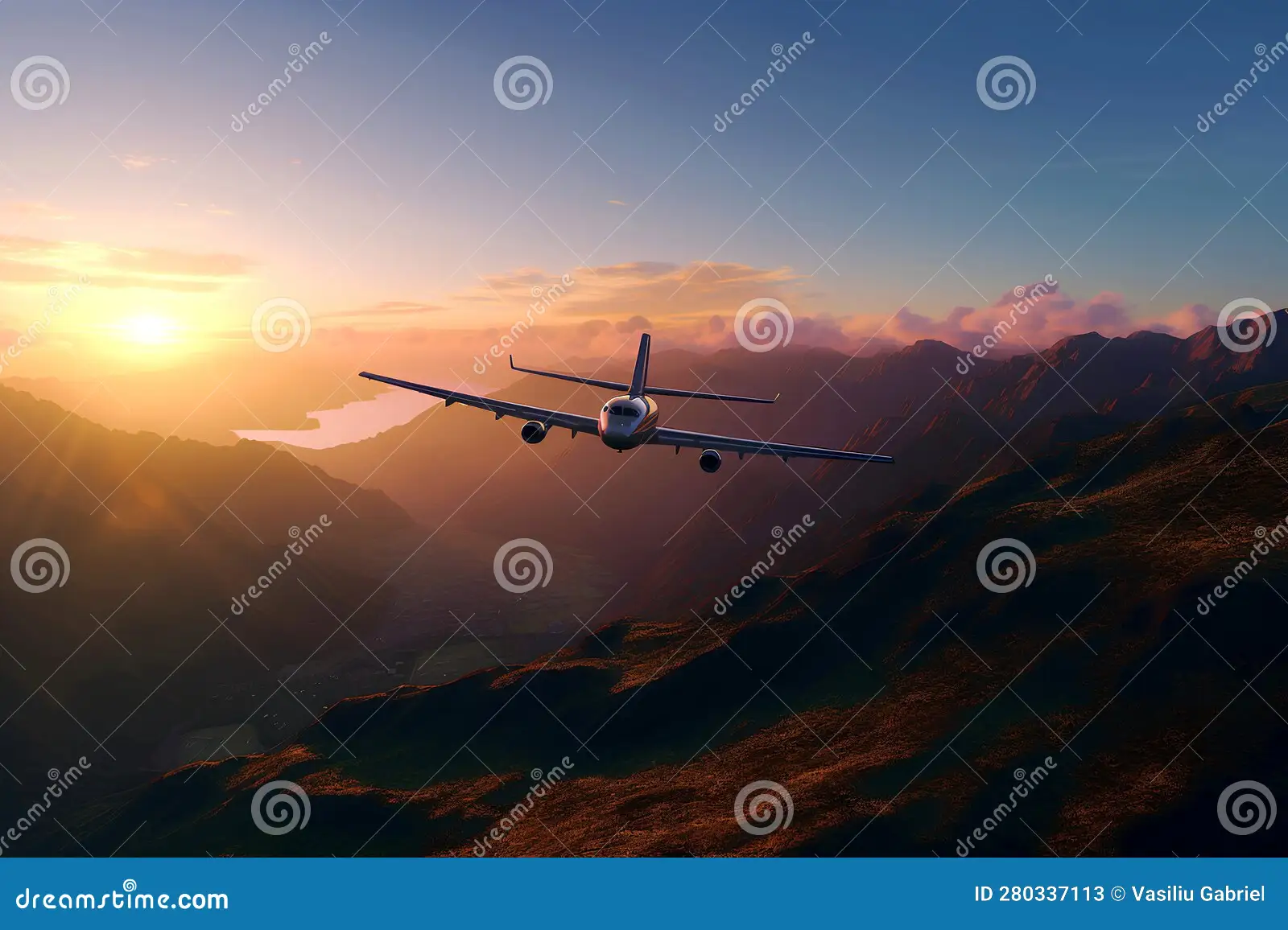 airplane taking off at sunset, dark blue sky