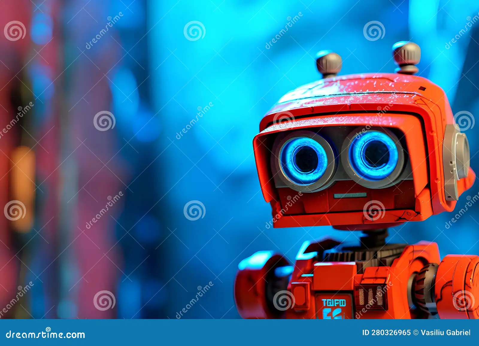 Close Up Portrait Red Robot Far Away Blue Wall 