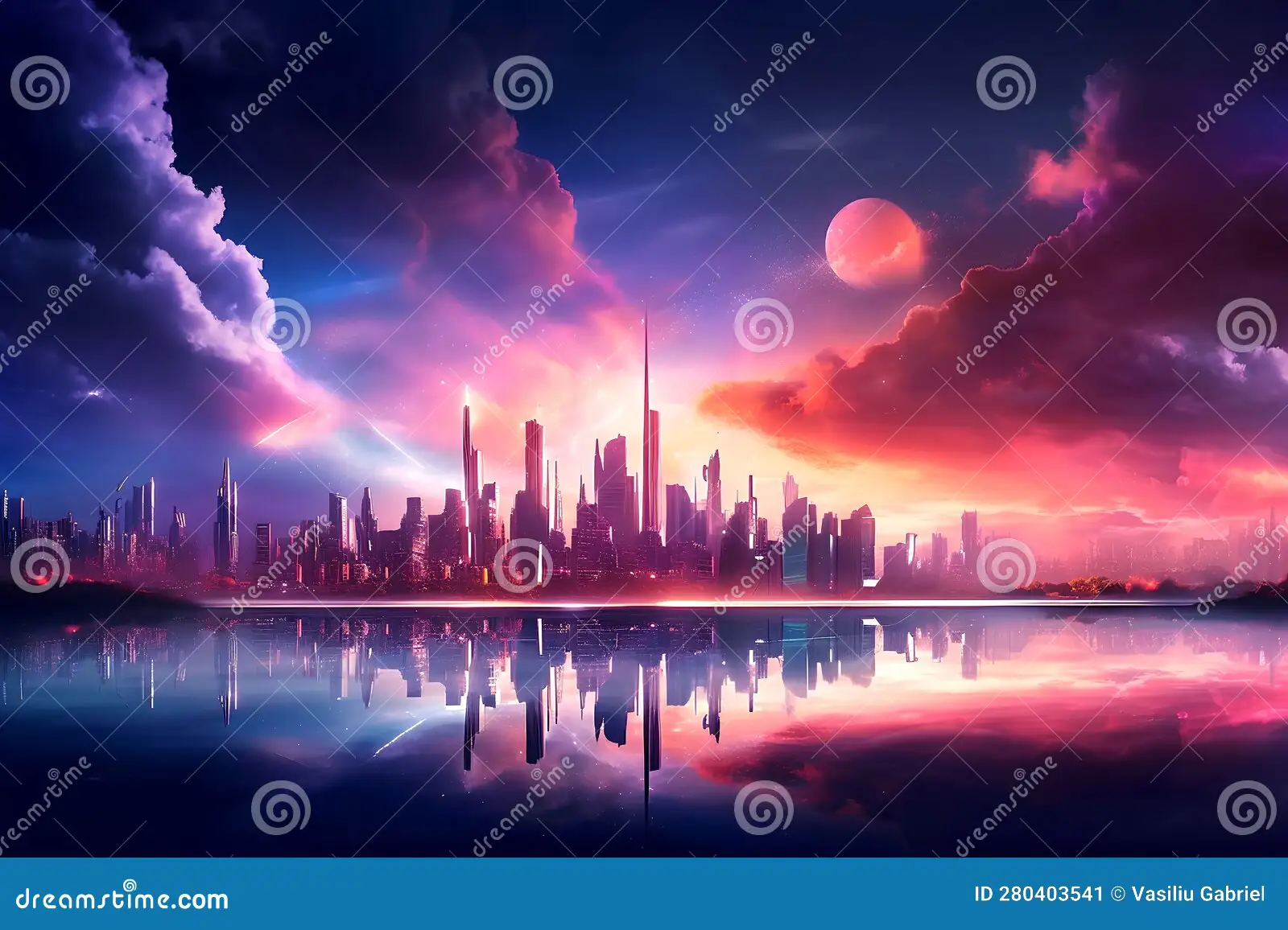 Dreamy futuristic cityscape, beautiful, clouds, cinematic lighting 