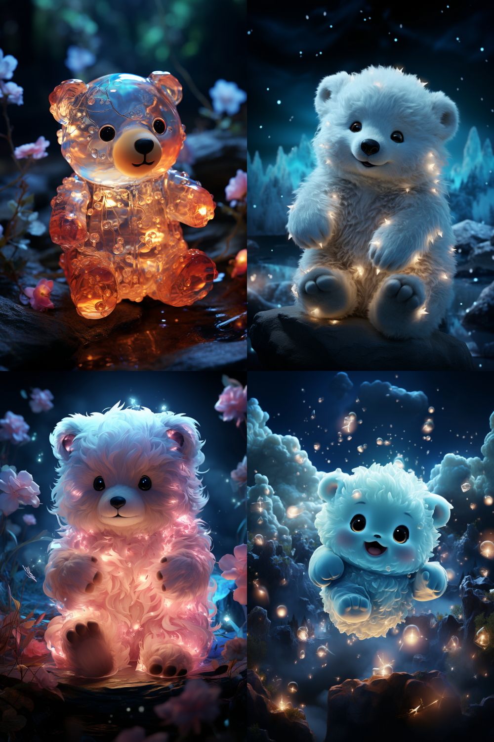 Un ursuleț magic și drăguț cu un corp strălucitor transparent plutește într-un peisaj magic de noapte