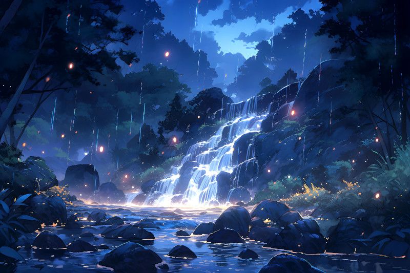 O cascadă în mijlocul unei păduri noaptea, prin ploaie