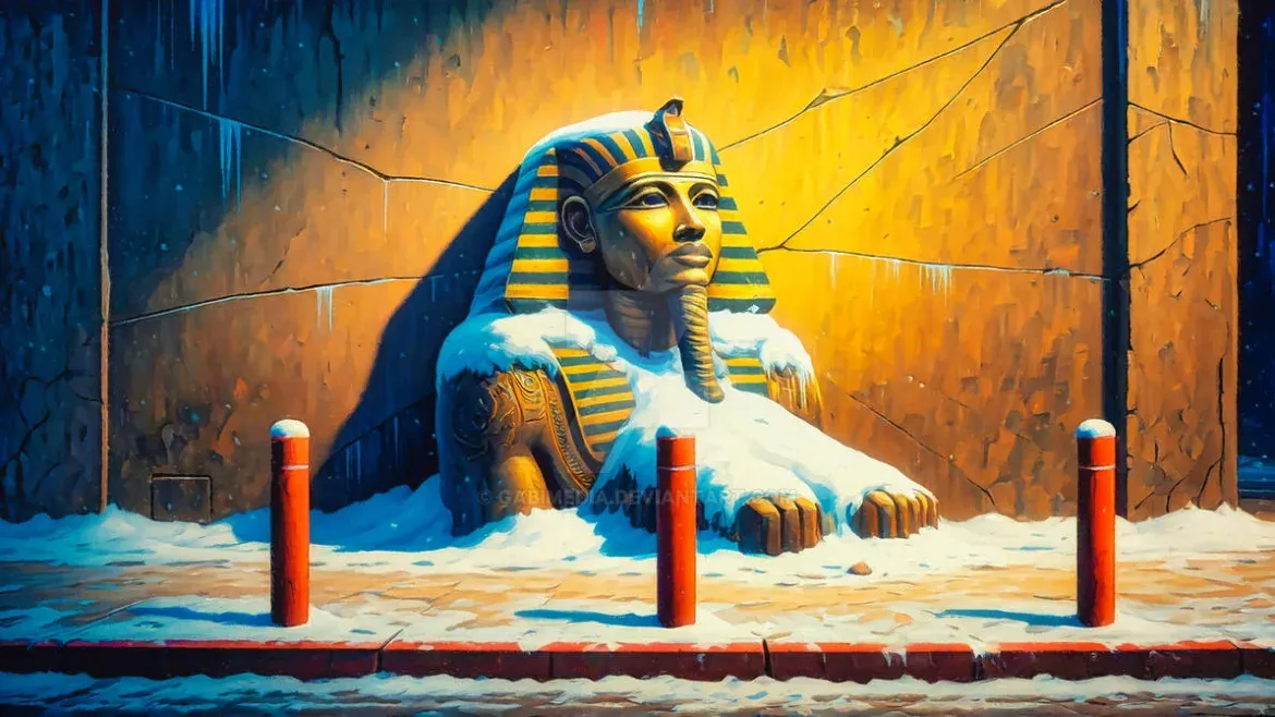 Statuie egipteană de faraon acoperită de zăpadă într-un cadru urban nocturn, iluminată dramatic.