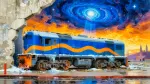 Locomotivă Albastră Abandonată în Stil Surreal cu Cer Cosmic și Galaxie