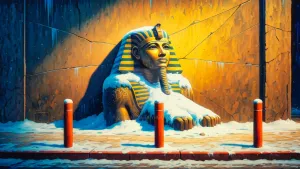 Statuie egipteană de faraon acoperită de zăpadă într-un cadru urban nocturn, iluminată dramatic.