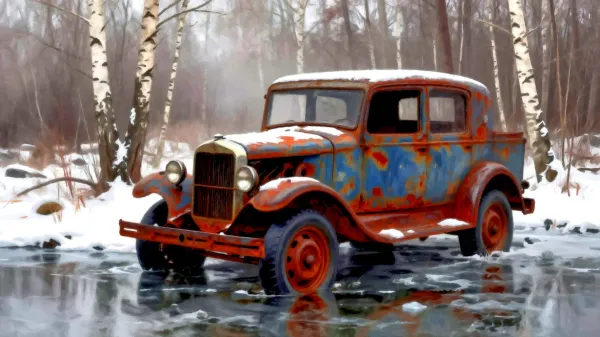 Mașină veche ruginită în pădure de iarnă cu mesteceni